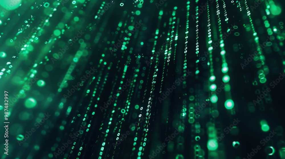 Naklejka premium Futuristic abstract digital background with cascading green binary code on dark canvas