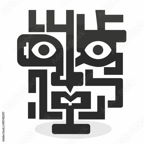 A man's face is shown in a maze of lines. The face is black and white, and the lines are thick and jagged. The maze of lines creates a sense of confusion and disorientation