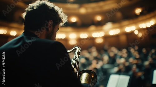 A soulful saxophonist captured from the side while performing on stage in a grand, illuminated concert hall, surrounded by an attentive audience. photo