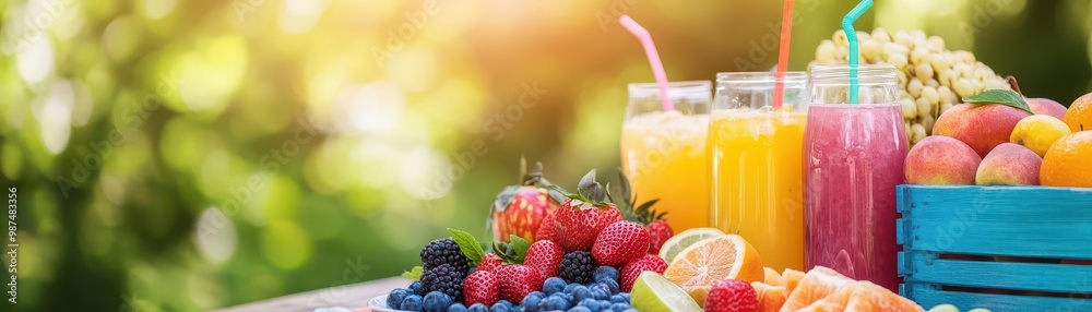 Fototapeta premium Picnic in the park, summer feast, fresh fruits and drinks, cheerful gathering
