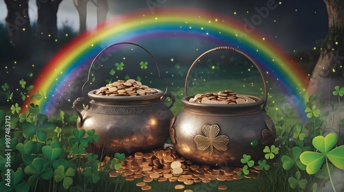 Pot of Gold at the End of the Rnbow with Shamrocks photo