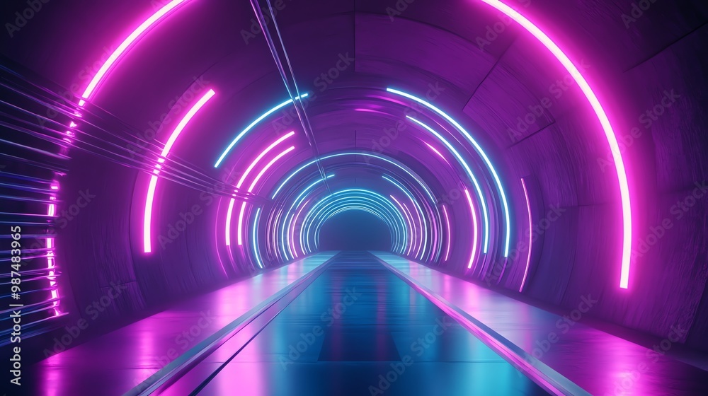 A futuristic tunnel with glowing pink and blue neon lights. A futuristic tunnel with glowing pink and blue neon lights.