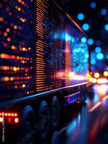 Illuminated truck on road against a colorful bokeh background at night.