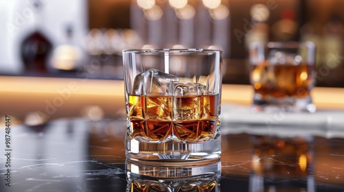 Whiskey on the Rocks in a Glass at a Bar