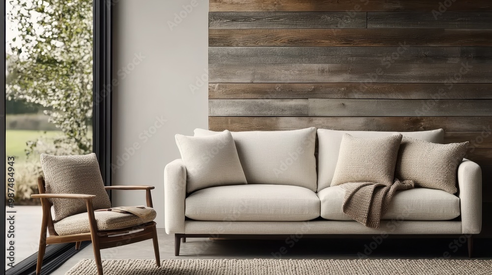 Fototapeta premium A modern beige sofa set against a stylish wooden wall background, complemented by a cozy chair and soft cushions, exuding comfort and elegance for any living room.