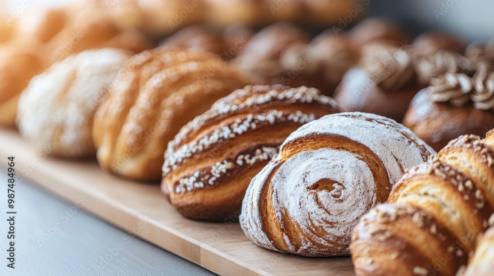 A variety of freshly baked pastries arranged on a wooden board, featuring croissants, rolls, and other bread, showcasing the delicious and artisanal quality of bakery goods.