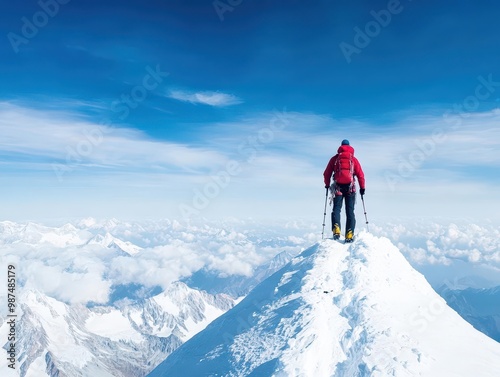 A mountaineer reaching the summit of a snowcovered peak, triumphant, with the world stretched out below in aweinspiring detail