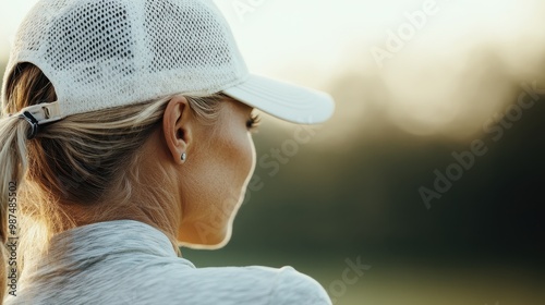 A rear-view image of a person wearing a white cap and casual clothing, outdoors in a green environment, with the blurred background giving a bokeh effect under natural light. photo