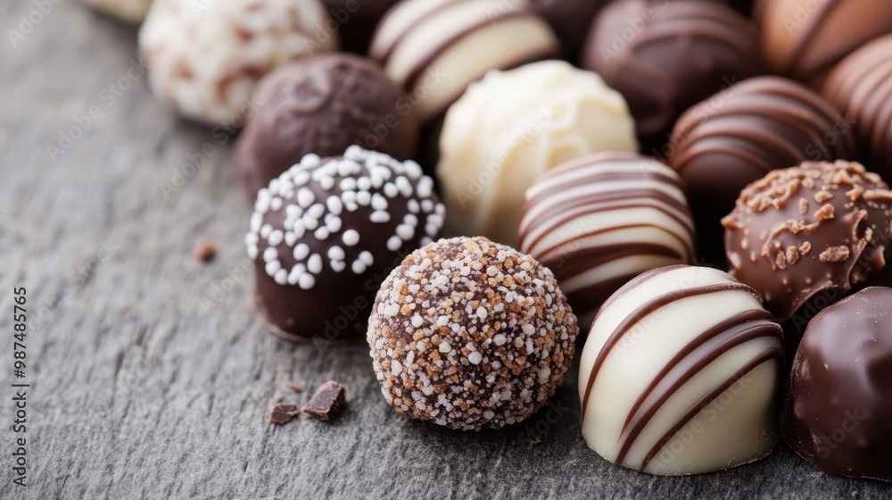 Close-up of exquisite assorted chocolate truffles in various colors and textures, displayed on a light wooden surface, perfect for gourmet dessert lovers and confectionery enthusiasts. Close-up of exquisite assorted chocolate truffles in various colors and textures, displayed on a light wooden surface, perfect for gourmet dessert lovers and confectionery enthusiasts.