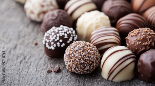 Close-up of exquisite assorted chocolate truffles in various colors and textures, displayed on a light wooden surface, perfect for gourmet dessert lovers and confectionery enthusiasts.