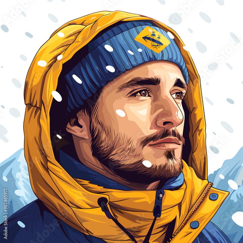A man wearing a yellow jacket and a blue hat with a snowflake on it. He has a beard and a mustache