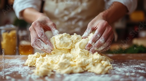 Hands kneading dough on a floured surface for baking.