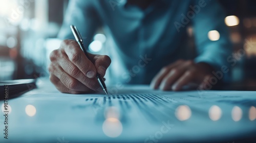 A person is deeply focused on writing with a pen on a paper set amidst a busy and cluttered desk, emphasizing a productive and industrious work atmosphere. photo