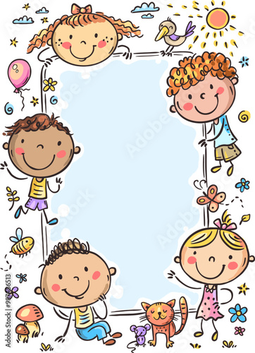 Cartoon happy kids with vertical frame with blank space for your text or banner. Smiling little boys and girls