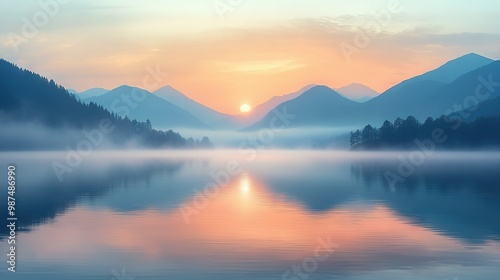  A water body surrounded by mountain ranges, with a sunset reflected in its center and foggy conditions above