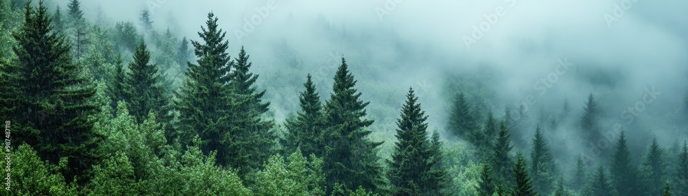 Fototapeta premium Misty Forest Landscape with Lush Green Pine Trees and Dense Fog in a Serene Natural Environment