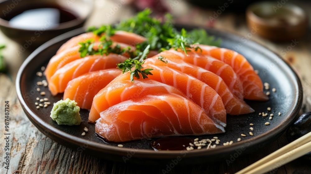 Freshly prepared sashimi slices of salmon, tuna, and mackerel garnished with herbs, served with soy sauce and chopsticks in a modern Japanese setting Freshly prepared sashimi slices of salmon, tuna, and mackerel garnished with herbs, served with soy sauce and chopsticks in a modern Japanese setting