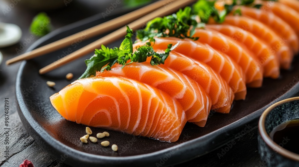 Freshly prepared sashimi slices of salmon, tuna, and mackerel garnished with herbs, served with soy sauce and chopsticks in a modern Japanese setting