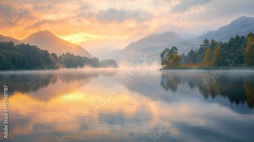  Water encircled by woods, nearby mountains, and cloudy skies