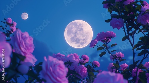 A serene night scene featuring a vibrant moon illuminating blooming roses under a starry sky, creating a peaceful atmosphere.