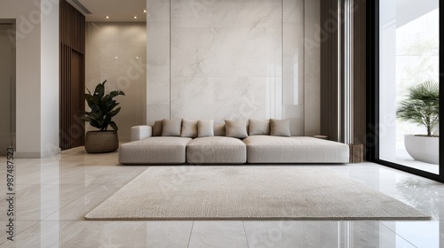 A spacious modern living area highlighted by sleek marble walls and contemporary furnishings, creating a balance with elements of nature such as indoor plants. photo