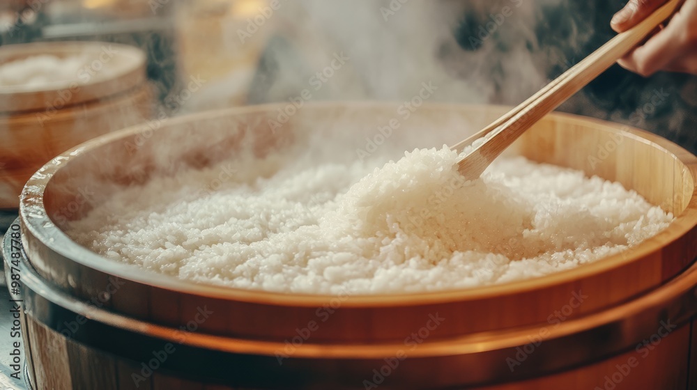 Steamy sushi rice being stirred in a traditional wooden hangiri bowl ...