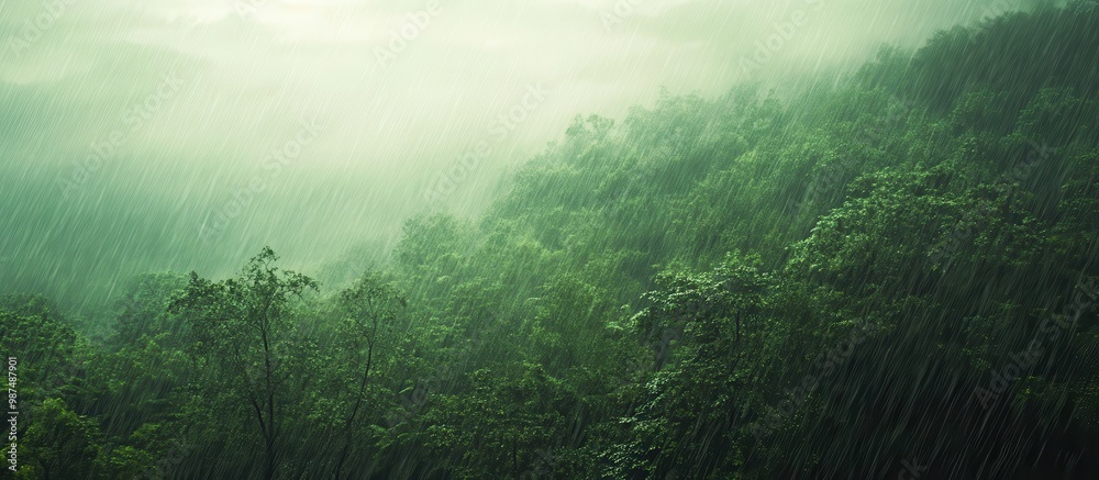 Lush Green Forest in Heavy Rain with Misty Atmosphere and Dense Foliage Lush Green Forest in Heavy Rain with Misty Atmosphere and Dense Foliage