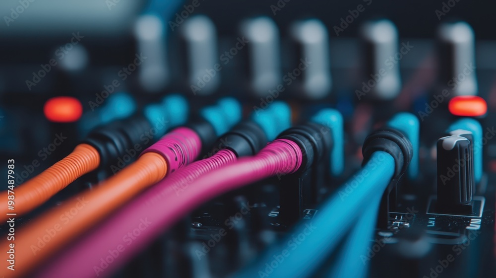 A detailed close-up of colorful audio cables plugged into sound equipment, showcasing the diversity and artistic integration of technology in music studios. A detailed close-up of colorful audio cables plugged into sound equipment, showcasing the diversity and artistic integration of technology in music studios.
