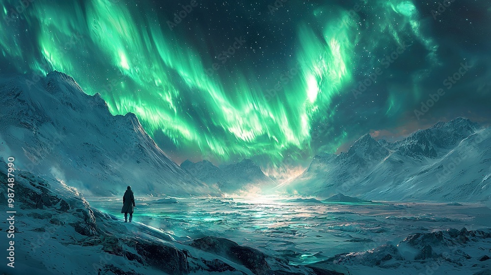 Man on mountaintop beneath green-red aurora above water Man on mountaintop beneath green-red aurora above water