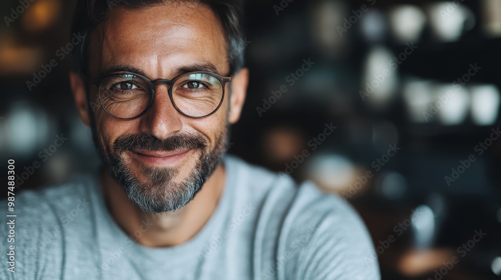 A middle-aged man with glasses and a short beard smiles warmly indoors, showcasing a sense of contentment and approachability in his casual setting. A middle-aged man with glasses and a short beard smiles warmly indoors, showcasing a sense of contentment and approachability in his casual setting.