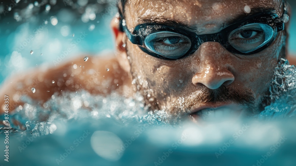 Fototapeta premium A focused swimmer emerges from the water, goggles on and intensity in his eyes, highlighting the energy and passion of competitive swimming.