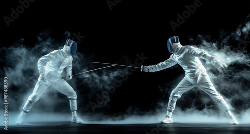 Two fencers on black background with smoke flow effect.