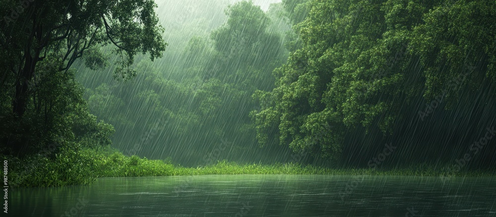 Lush Green Forest with Heavy Rainfall Over a Serene River Creating a Tranquil and Refreshing Natural Scene Lush Green Forest with Heavy Rainfall Over a Serene River Creating a Tranquil and Refreshing Natural Scene