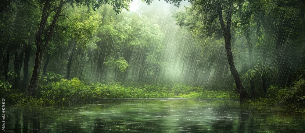 Lush Green Forest with Heavy Rainfall Creating a Serene and Mystical Atmosphere Lush Green Forest with Heavy Rainfall Creating a Serene and Mystical Atmosphere