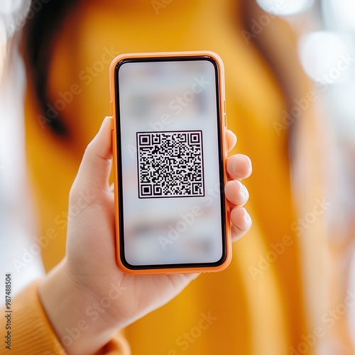 Closeup of Hand Holding Smartphone Showing QR Code. photo