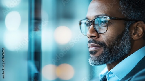 A confident businessman with glasses gazes out a window, appearing deeply thoughtful and contemplative, symbolizing ambition and future aspirations.