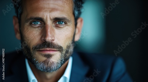 A close-up portrait of a man with clear blue eyes and wearing a dark suit, captured in natural lighting, representing elegance and sophistication.