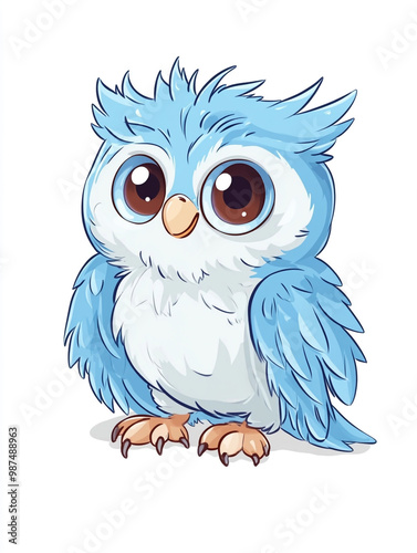 A cartoon owl is perched on a branch. The owl has a cute and friendly expression.