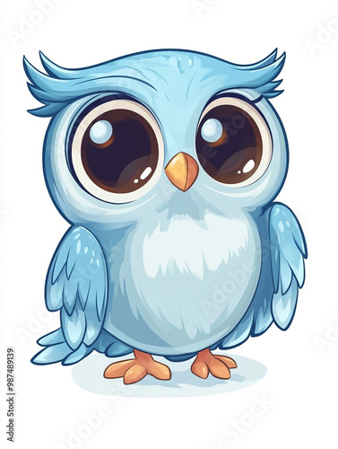 A cartoon owl is perched on a branch. The owl has a cute and friendly expression.