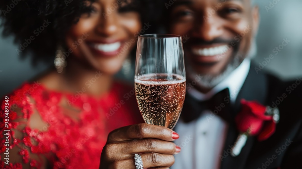 A joyful couple in formal attire, sharing a moment of elegance and celebration with a glass of champagne, captured in a vibrant atmosphere full of love. A joyful couple in formal attire, sharing a moment of elegance and celebration with a glass of champagne, captured in a vibrant atmosphere full of love.