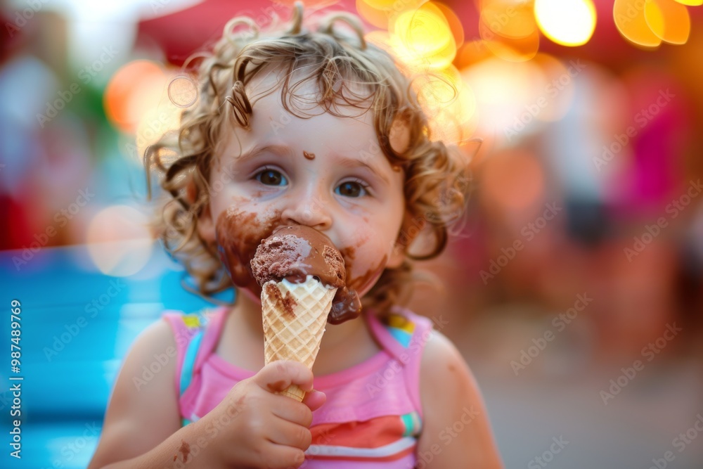 Beauty of curly toddler curls reflects her innocent charm. Cheerful infant beams spreading positive vibes and adorable expressions. Kid savors every bite of delicious ice cream.