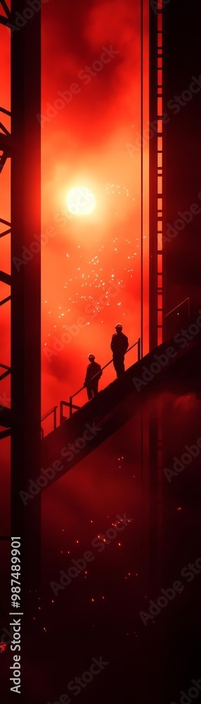 Obraz premium Silhouettes of people against a dramatic red backdrop, symbolizing urgency and change.