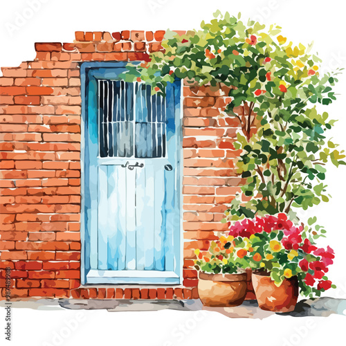 Old door and flowers in pot brick wall sketch picture art illustration house watercolor painting Abstract background.
