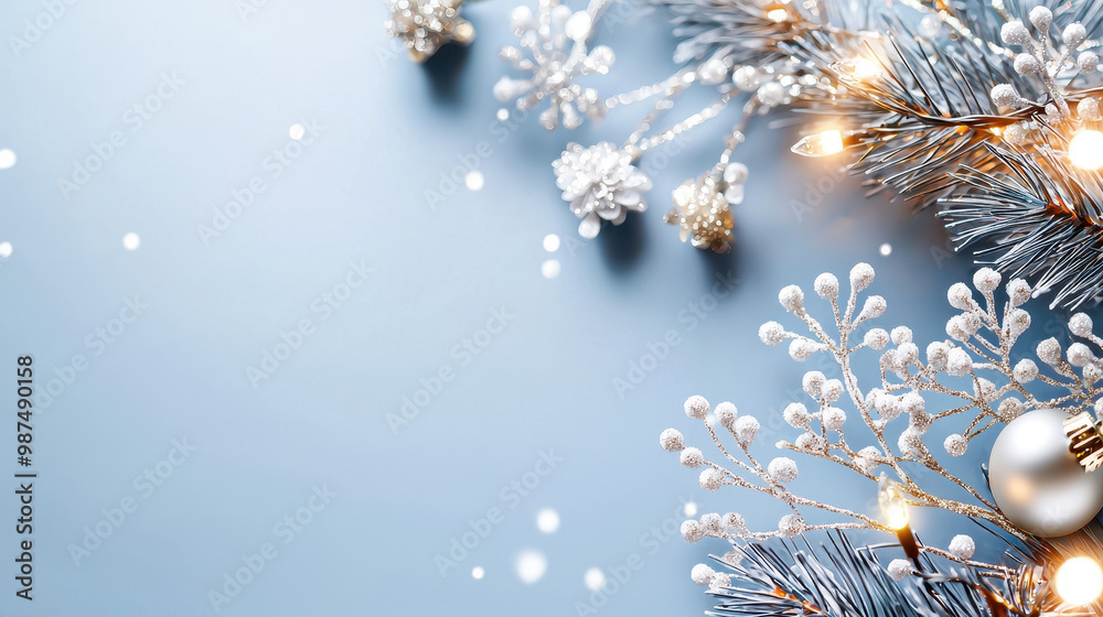 Frosted pine branches adorned with sparkling decorations and lights against a soft blue background, evoking holiday cheer Frosted pine branches adorned with sparkling decorations and lights against a soft blue background, evoking holiday cheer