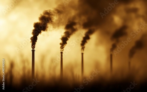 Smoke rising from industrial chimneys against a hazy orange sky. photo