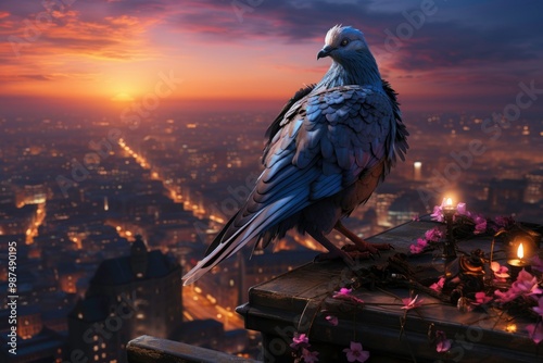 Professional photo of a charming landscape of   turtledove with beautiful feathers standing on a rooftop stunning the city view with their bold and colorful movements, as the sun rises and the lights 