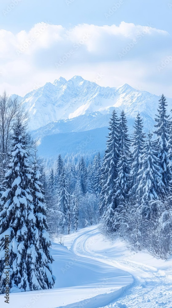 Obraz premium Snowy mountain landscape with evergreen trees and a winding path under a clear blue sky.