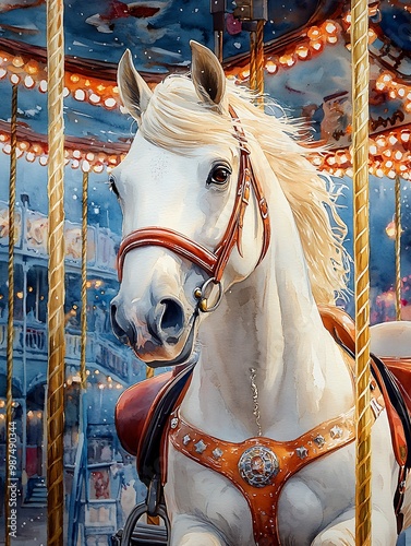 A white carousel horse with a red saddle and bridle, its mane blowing in the wind, with lights in the background. photo