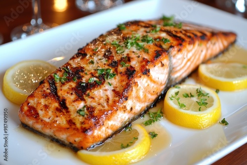 Grilled salmon fillet with lemon and herbs 