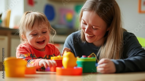 Child with Down syndrome enjoying playtime with caregiver